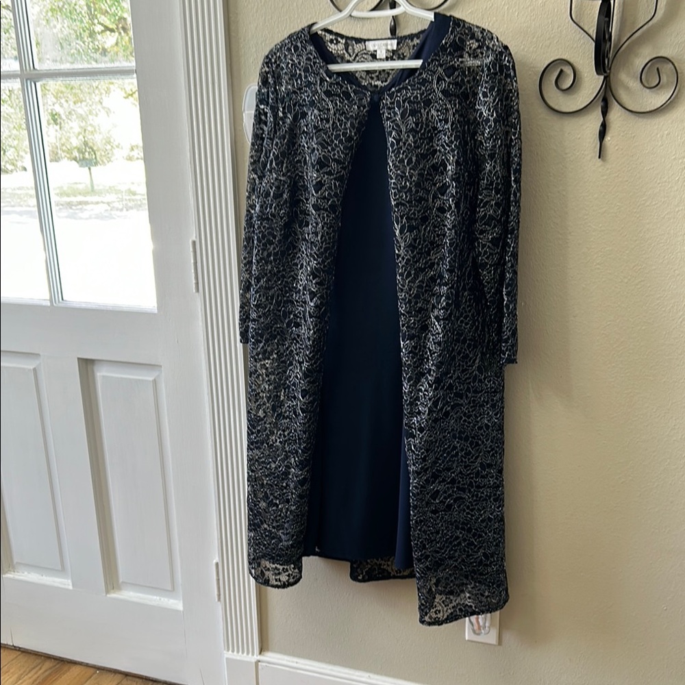 Elegant Navy and Silver Dress with Lace Overlay